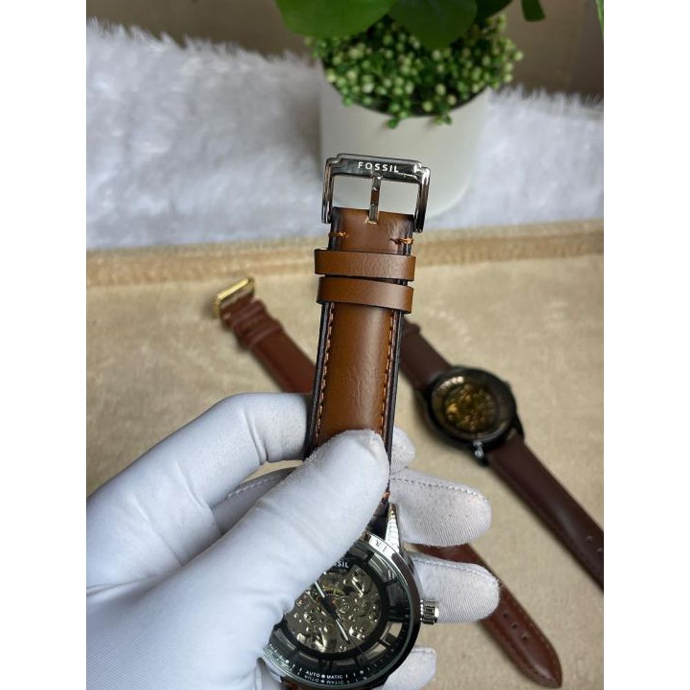 FOSIL TOWNSMAN AUTOMATIC SILVER BROWN LEATHER BELT AT165