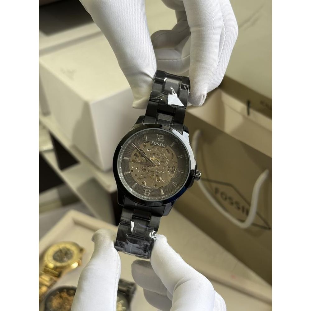 FOSSIIL SKELETON AUTOMATIC HEAVY QUALITY BLACK SILVER  783