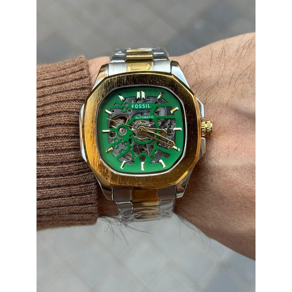 Fossi l Skeleton Square Automatic Gold Two Tone Green Dial