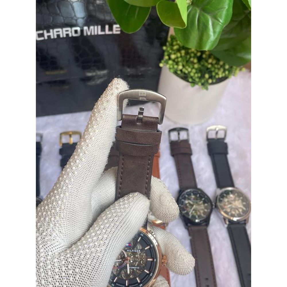 Tommyy Hilfiger Automatic Leather Belt Brown Two Tone Black Dial AT143
