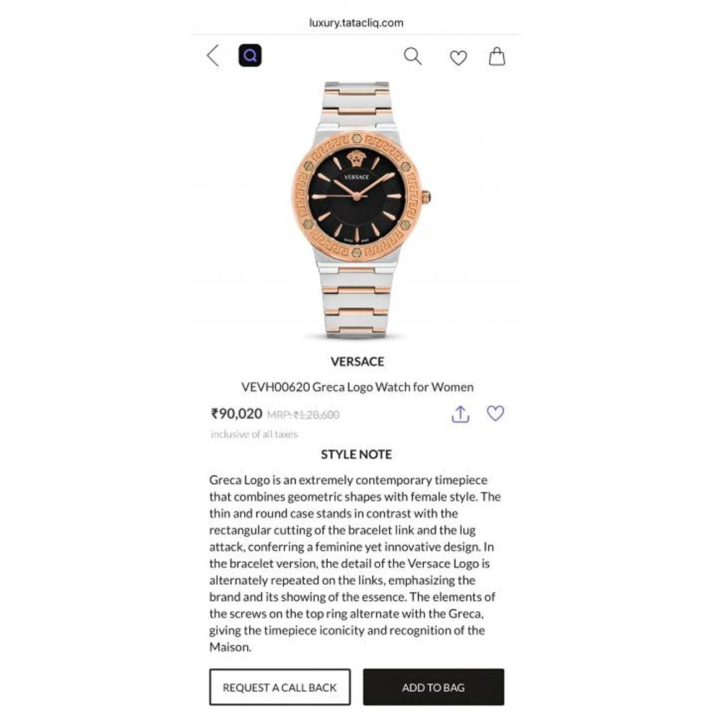 VERSACE GRECA TWO-TONE SILVER BLACK WATCH FOR HER 1049
