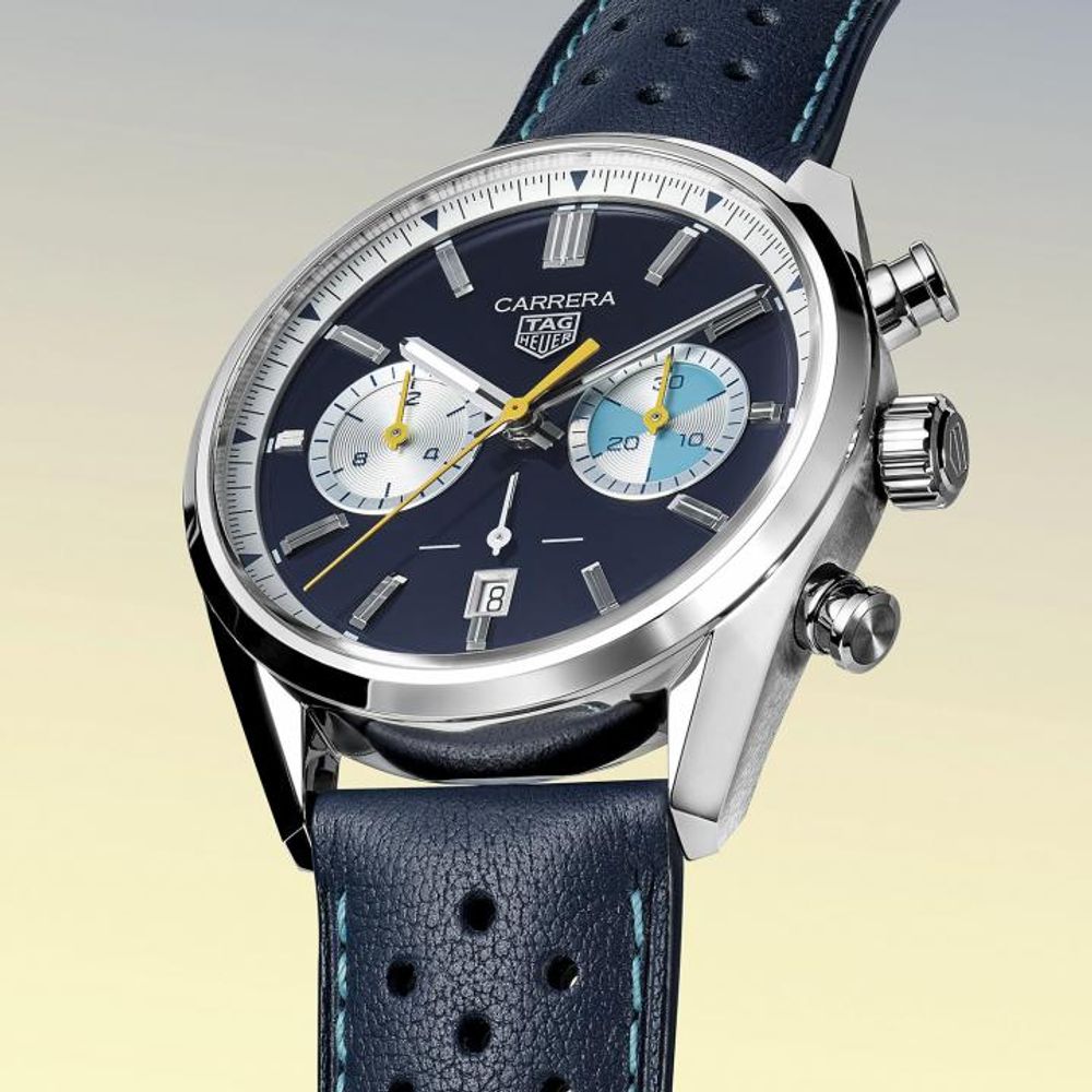 TAG Heuuer Carrera Chronograph blue brown and white