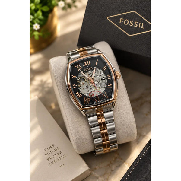 Fossi_l Tonneau Skeleton Automatic Rose Two Tone Black