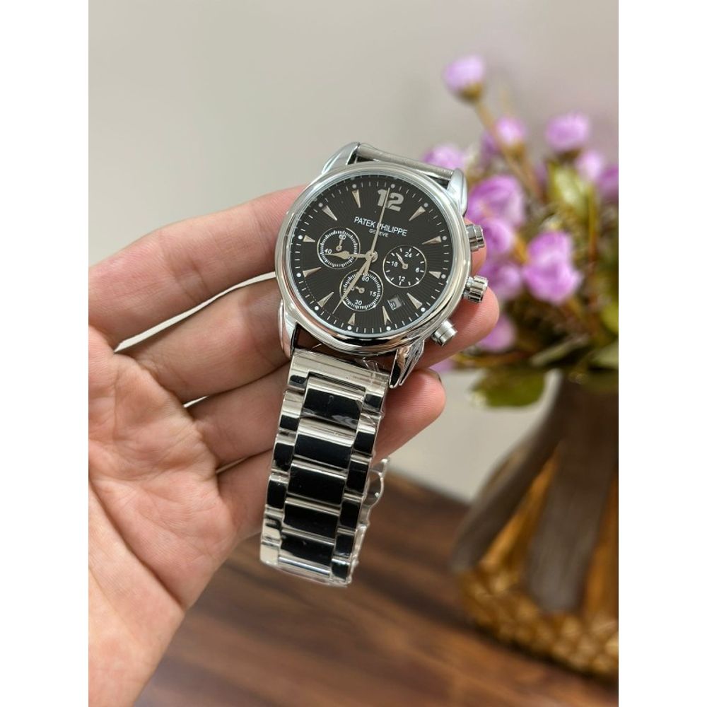 Patek Philipe Silver & Black Dial Chronograph Working