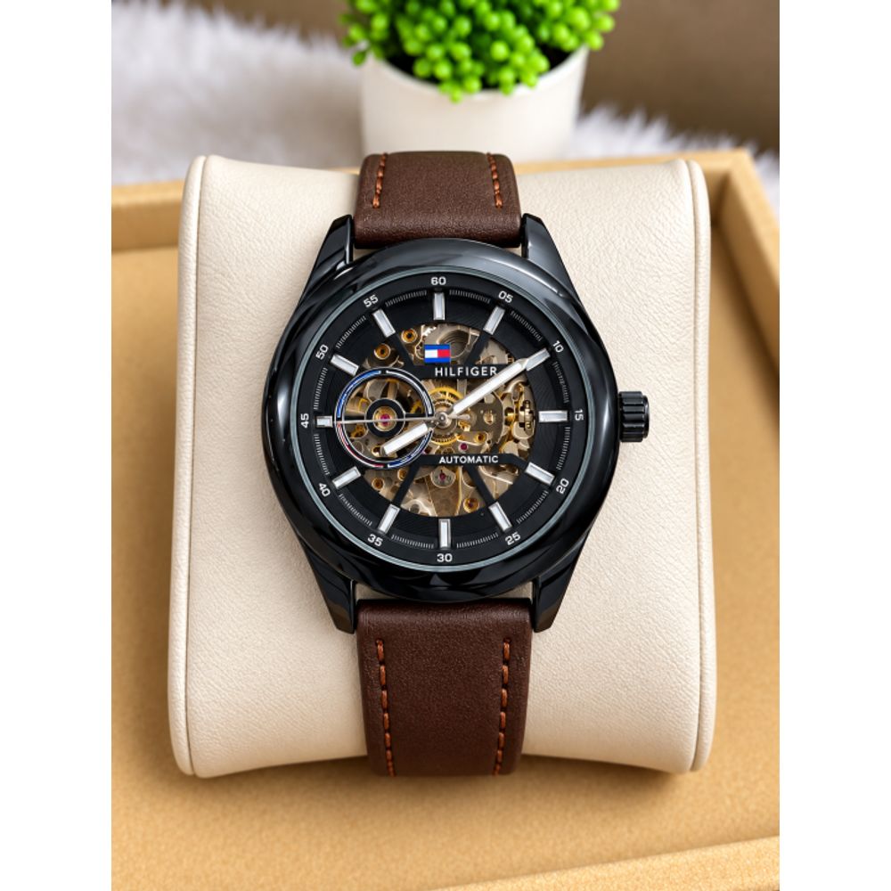 Tommy Hilfigar Automatic C Leather Belt Brown Black AT143