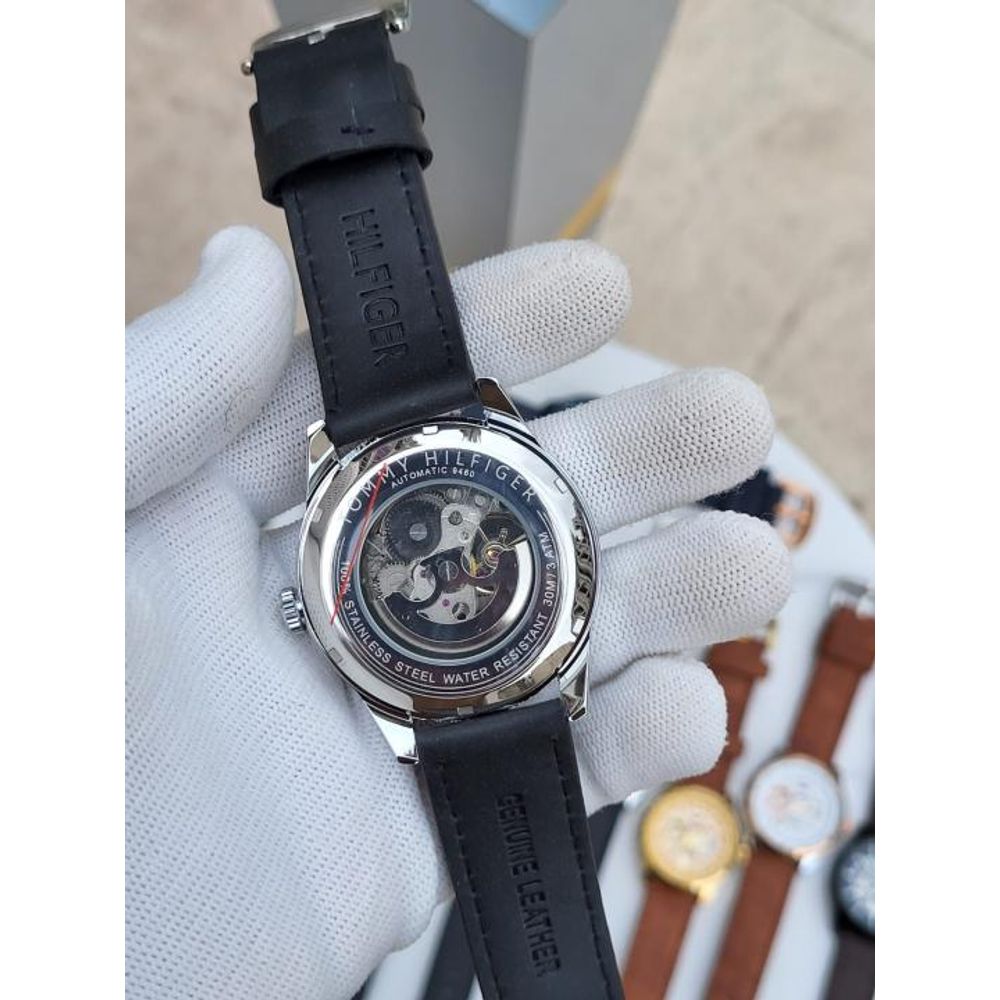 Tommy Hilfigar Automatic Leather Belt Black Silver Black AT143