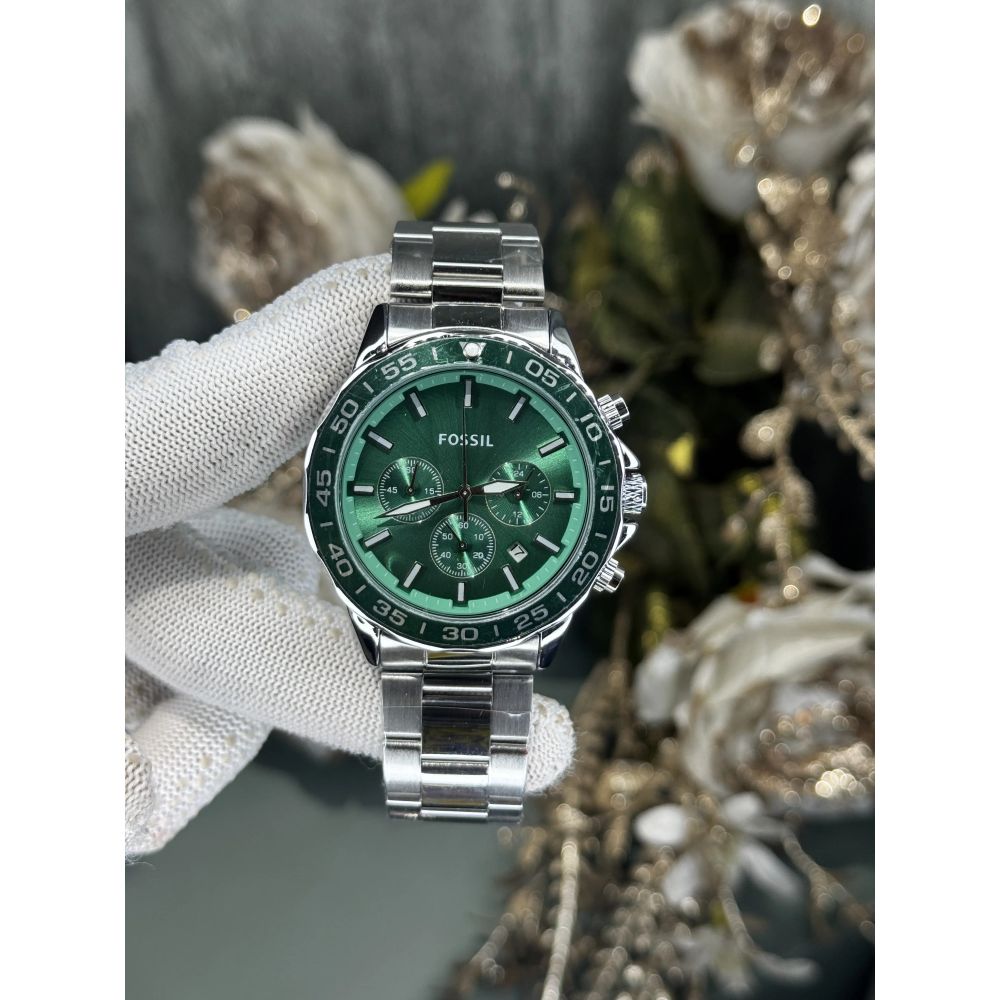Fossil Bannon Silver Green Chronograph Watch
