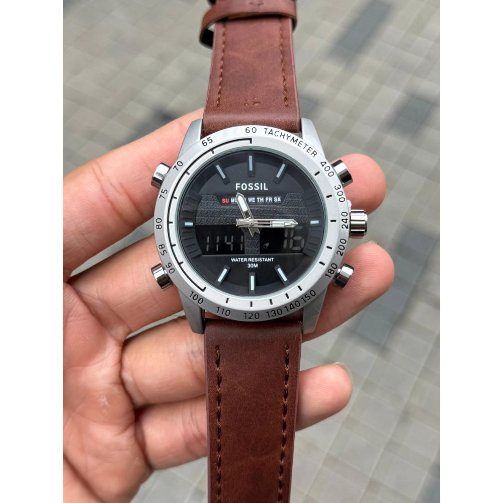 Fossi l Dual Time Silver Black Brown Belt