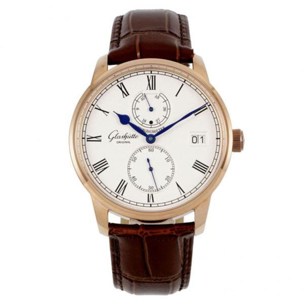 Glashtte Original Senator Chronometer Brown Leather Strap silver-grained dial (405)