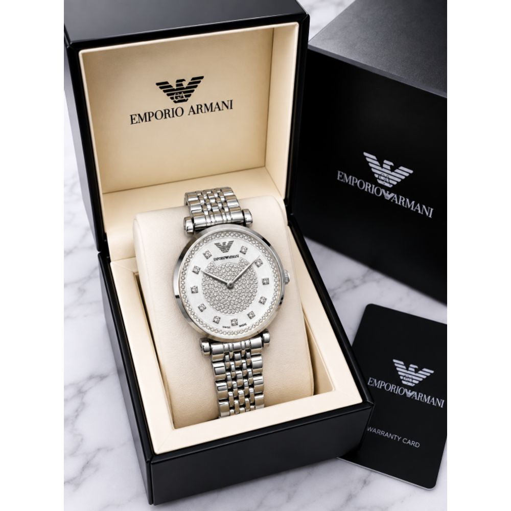 EMPORIO ArrWa%! WOMEN SILVER WHITE ROUND DIAMOND DIAL AT347