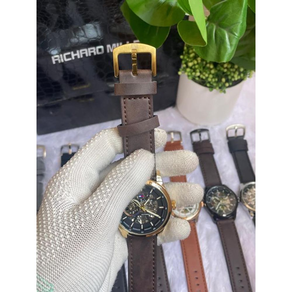 Tommyy  Hilfiger Automatic Leather Belt Brown Gold Black AT143