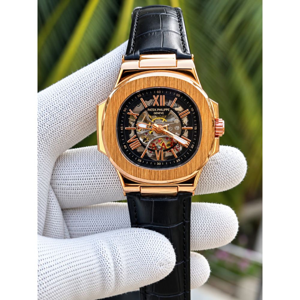 PATEK PHILIPE AUTOMATIC LEATHER BELT BLACK COPPER BLACK AT288
