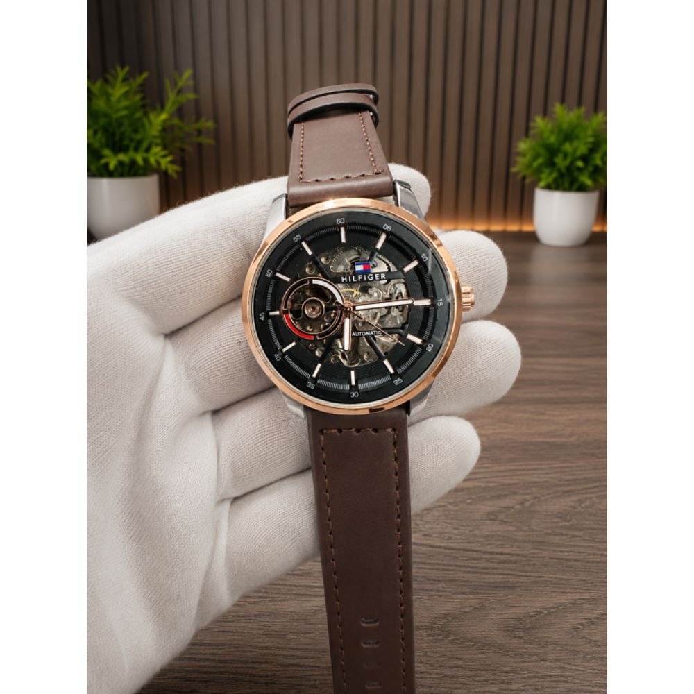 Tommyy Hilfiger Automatic B Leather Belt Brown Two Tone Black Dial AT143