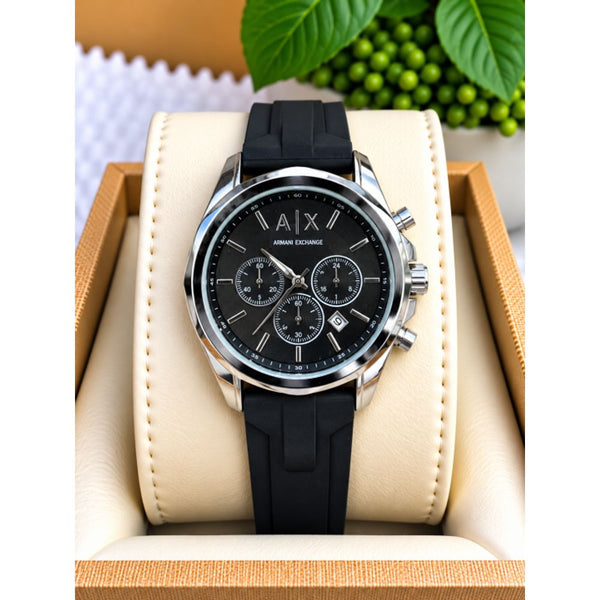 ArrWa%! Exchage AX2604 Chronograph Silver Black Silicon Belt AT473