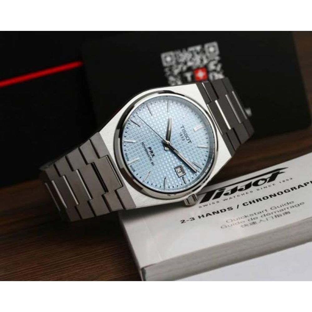 Tissoo_t 1853 Prx Powermatic Quartz silver Sky blue checks