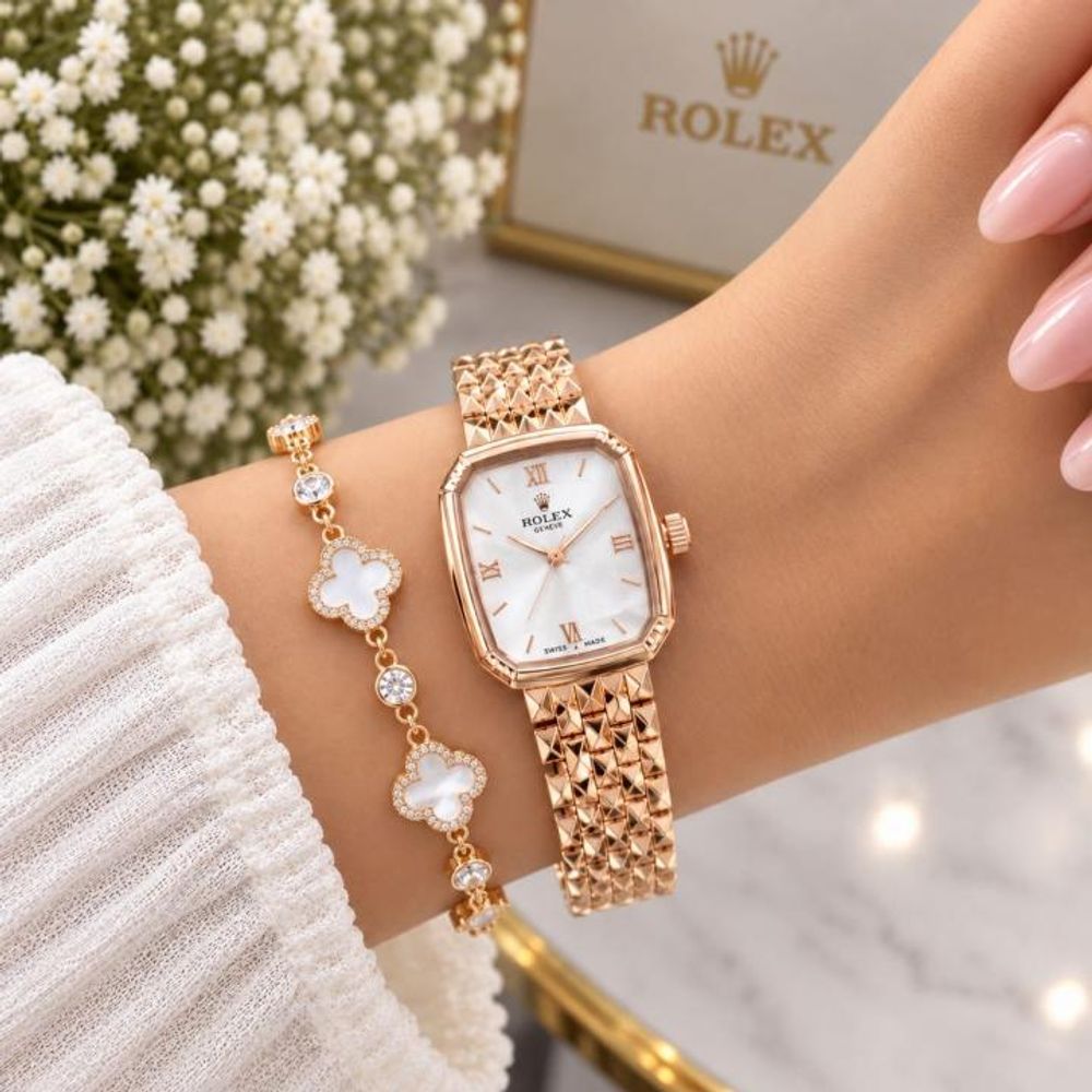 Roleex Women Vintage Square Rosegold White