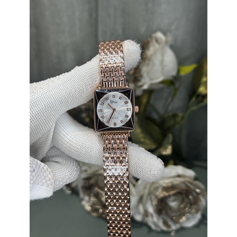 Dio r Rose Gold White Square Premium Ladies Watch
