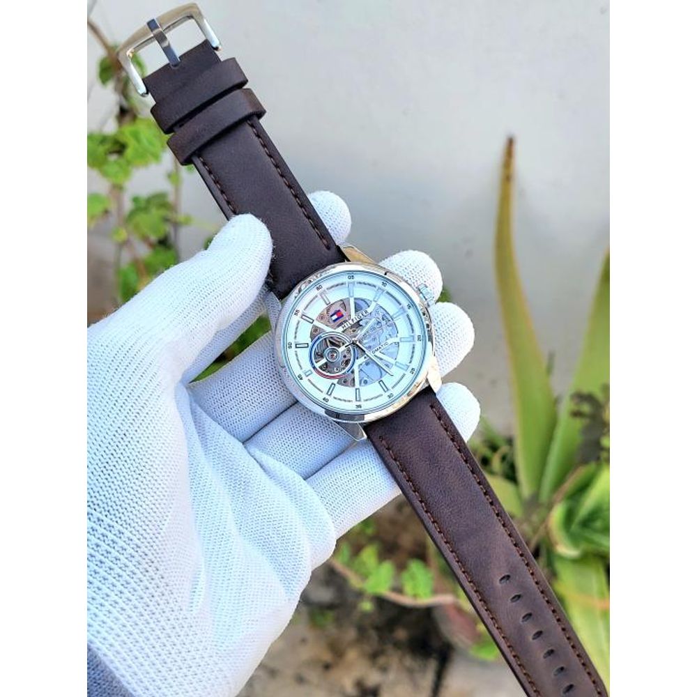 Tommy Hilfigar Automatic Leather Belt Brown White Dial AT143