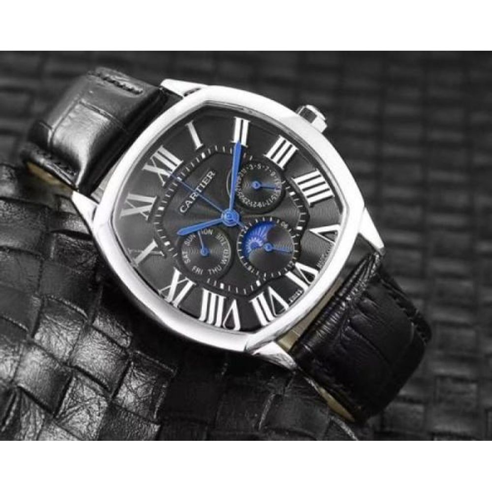 Cartiar  Sun Moon Black Leather Belt SIlver Black Dial AT428