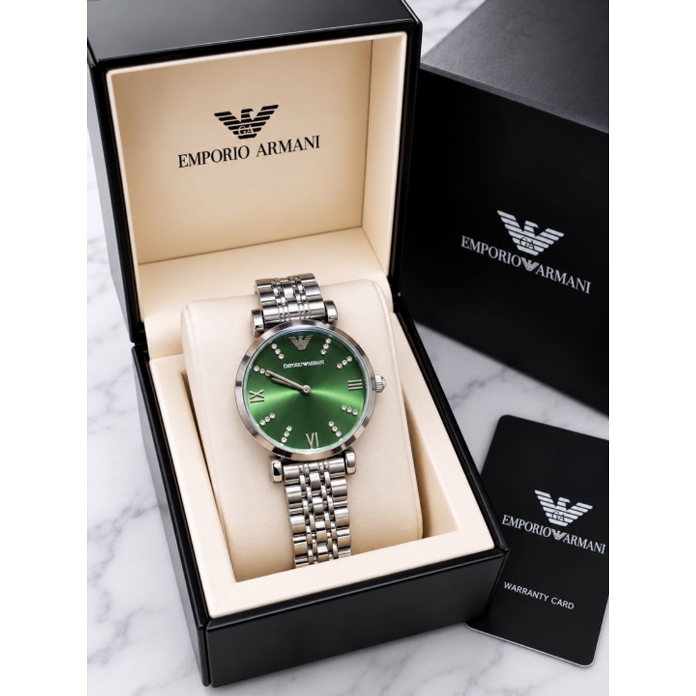 EMPORIO ArrWa%! WOMEN SILVER GREEN DIAMOND DIAL AT347