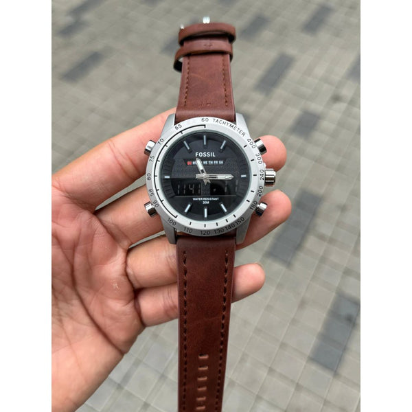Fossi l Dual Time Silver Black Brown Belt