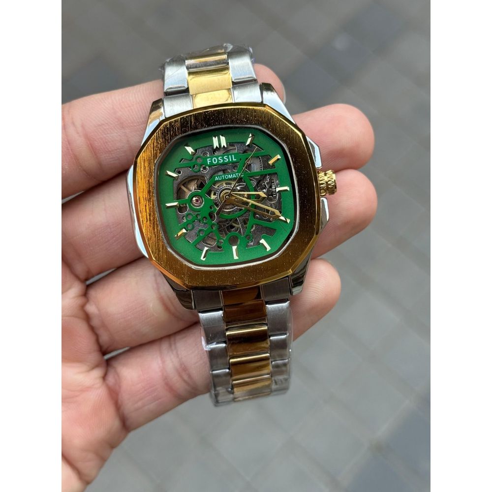 Fossi l Skeleton Square Automatic Gold Two Tone Green Dial