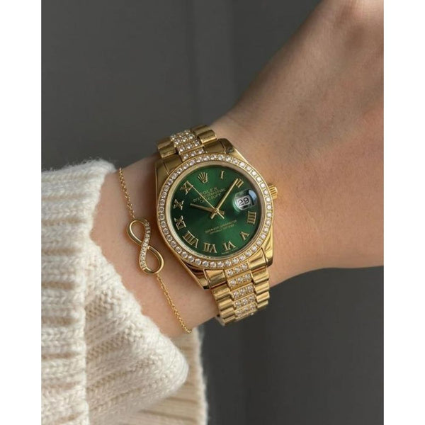 Rollex Date Just Ladies Gold Green