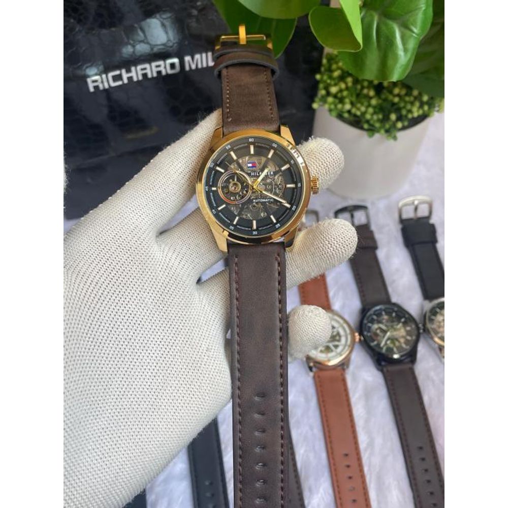 Tommyy  Hilfiger Automatic Leather Belt Brown Gold Black AT143