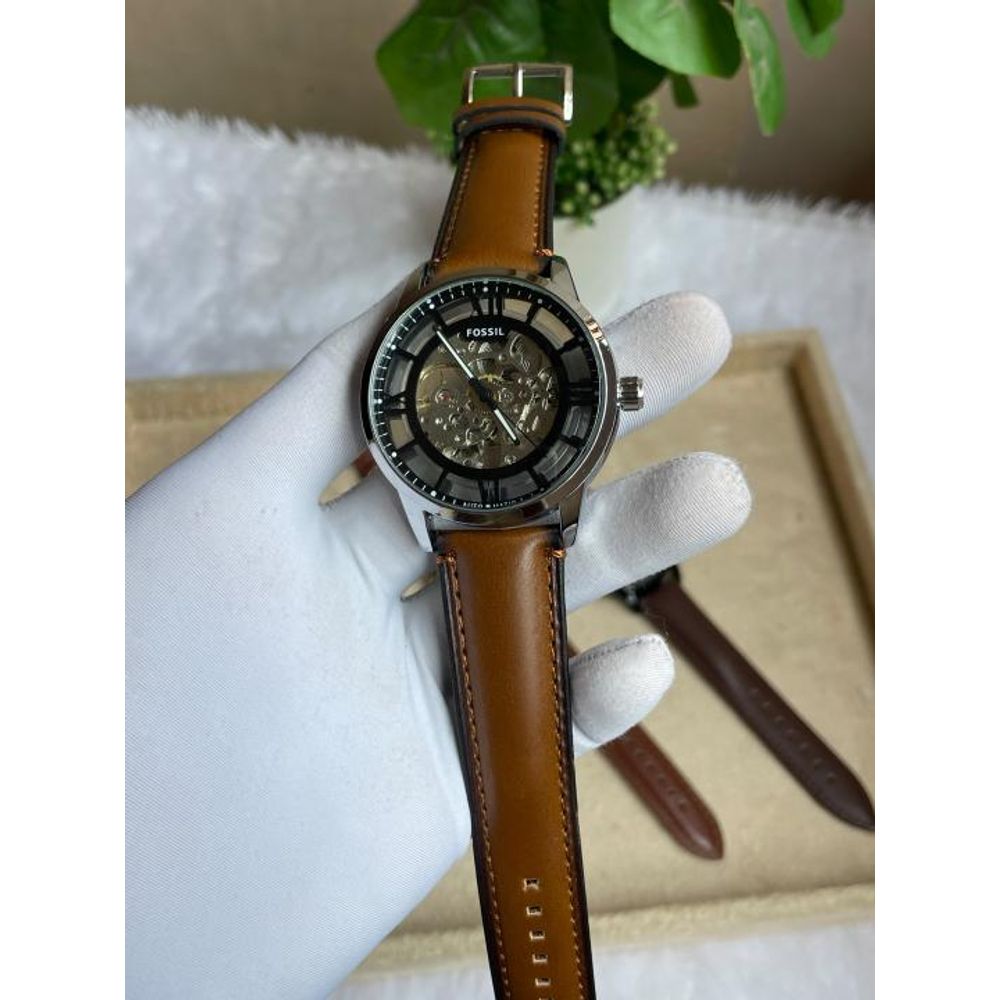FOSIL TOWNSMAN AUTOMATIC SILVER BROWN LEATHER BELT AT165