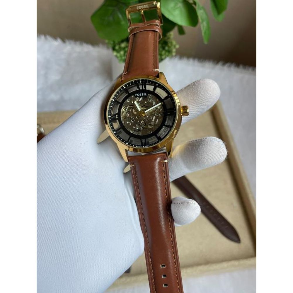 FOSIL TOWNSMAN AUTOMATIC GOLD BROWN LEATHER BELT AT165