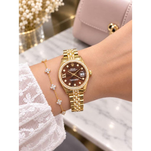 Roleex Women Oyster Perpetual Date Just Gold Brown