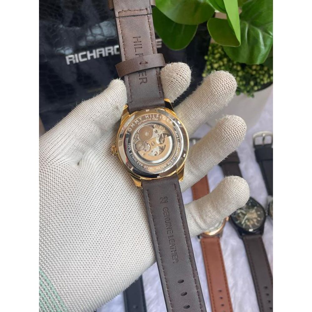 Tommyy  Hilfiger Automatic Leather Belt Brown Gold Black AT143