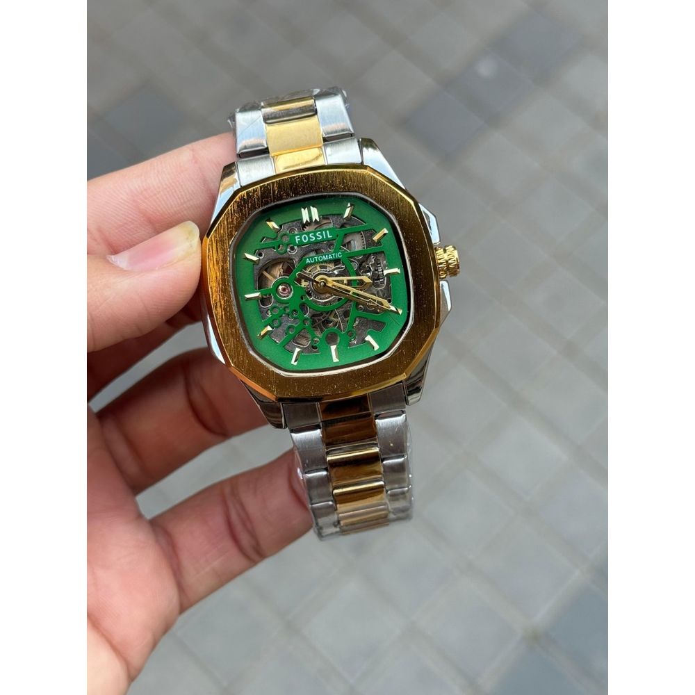 Fossi l Skeleton Square Automatic Gold Two Tone Green Dial