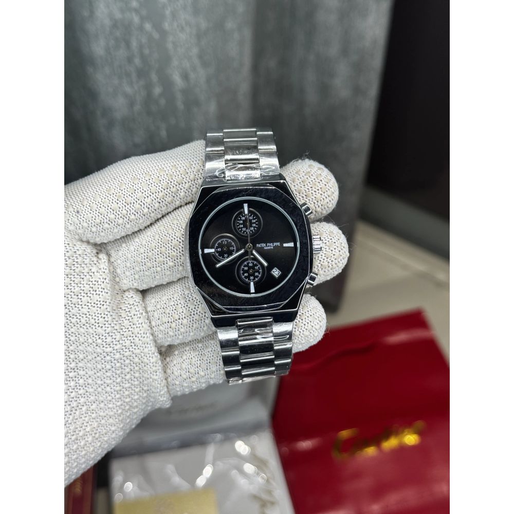 Patek  Philippe Silver Black Chronograph Premium Watch