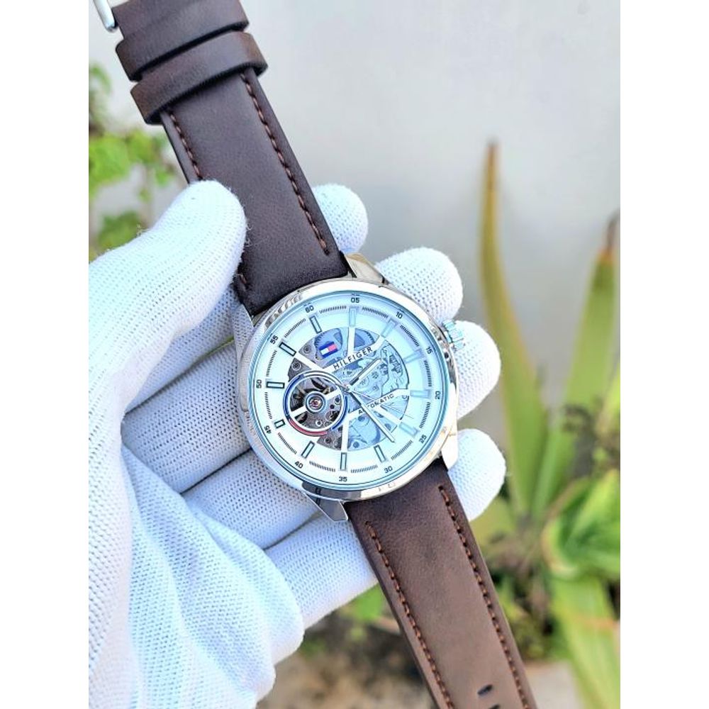 Tommy Hilfigar Automatic Leather Belt Brown White Dial AT143