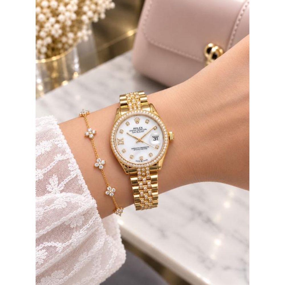 Roleex Women Oyster Perpetual Date Just Gold White