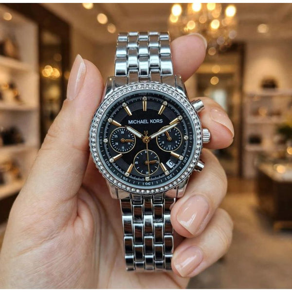 MICHEAL KORS BRYANT SILVER BLACK WATCH FOR HER 1053
