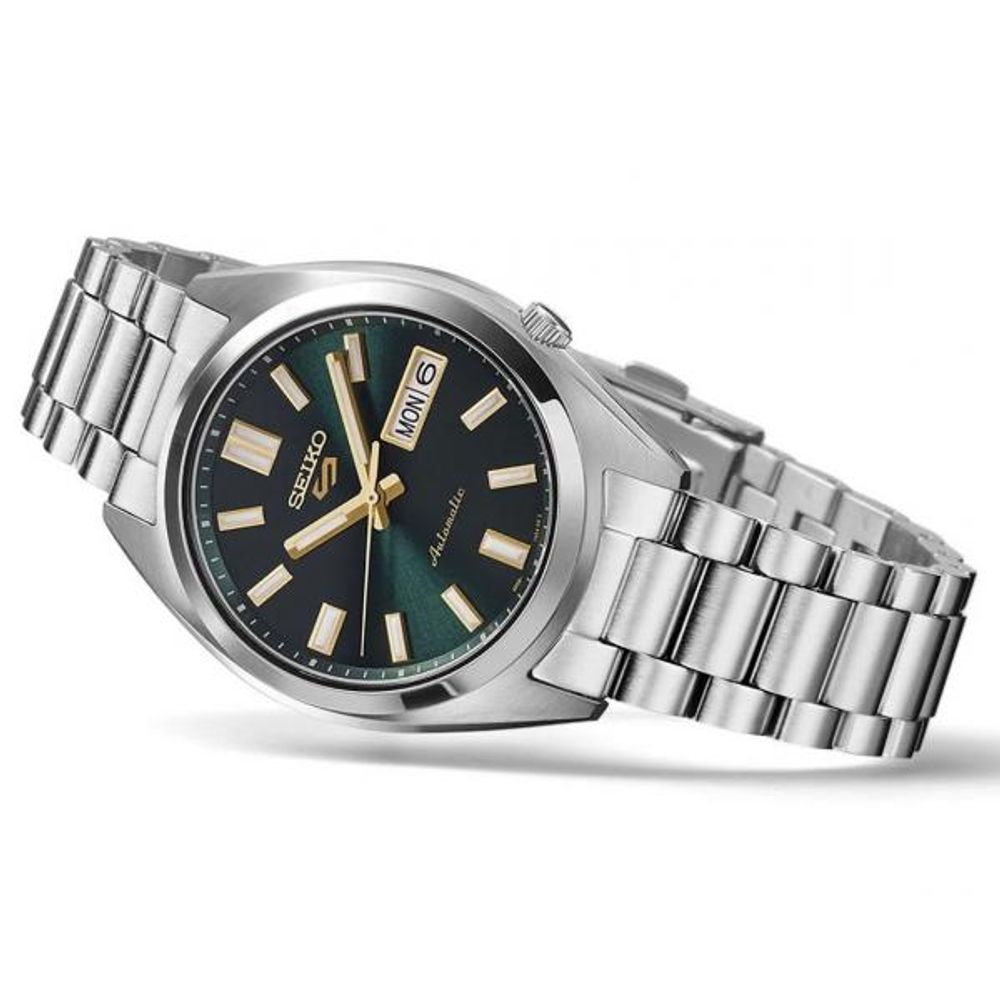Seiko_o 5 Sports SNXS Automatic silver  green and yellow niddle