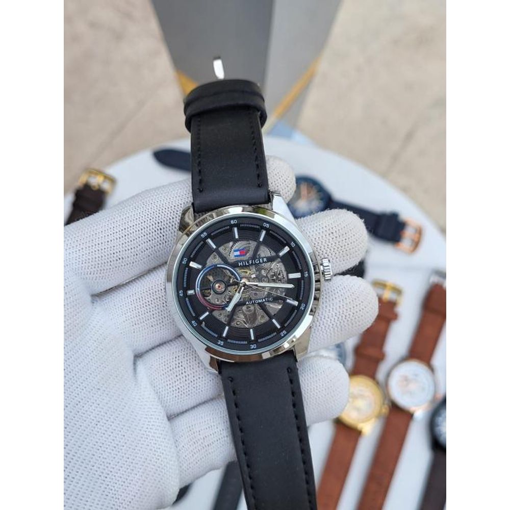 Tommy Hilfigar Automatic Leather Belt Black Silver Black AT143