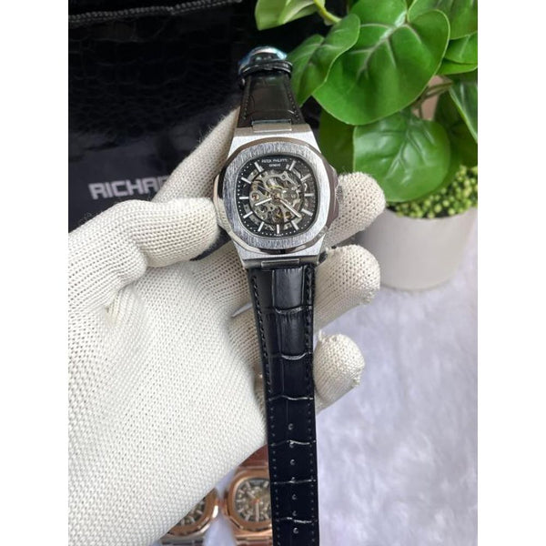 PATEK PHILIPE AUTOMATIC LEATHER BELT BLACK SILVER BLACK AT288