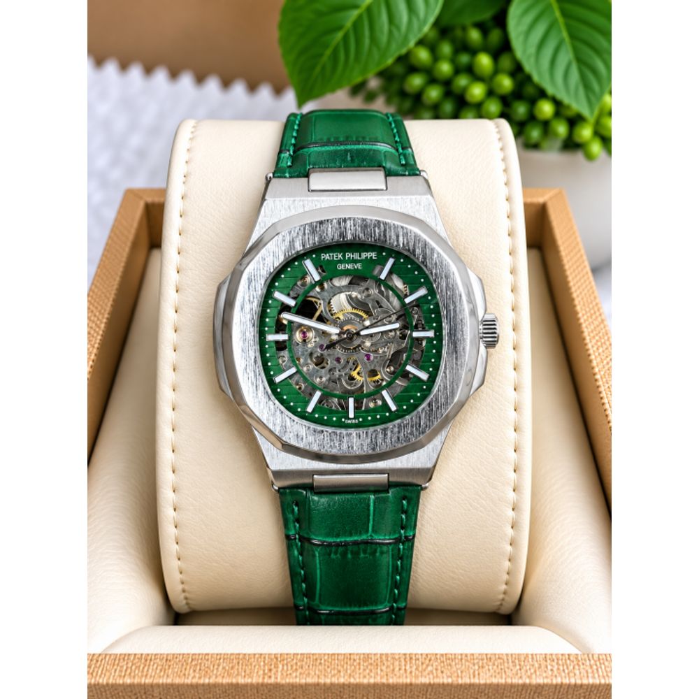 PATEK PHILIPE AUTOMATIC LEATHER BELT GREEN SILVER AT288