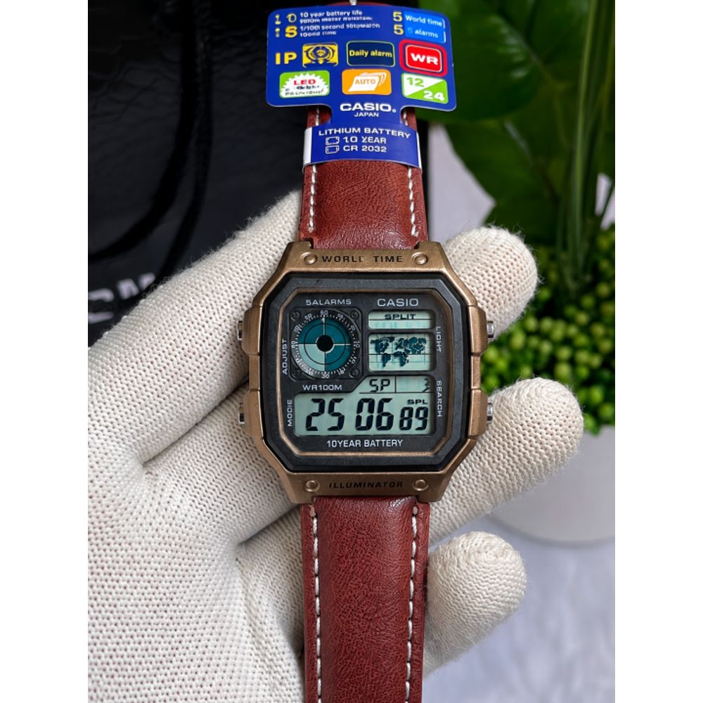 CASIO AE 1200 WORLD TIME ILLUMINATOR BROWN GOLD AT316