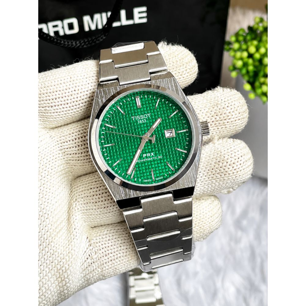 TISOT PRX QUARTZ SILVER GREEN TEXTURE AT104