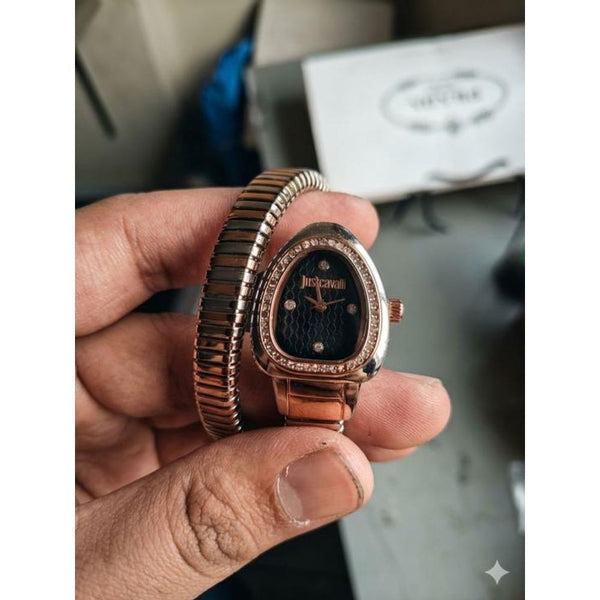 JUST CAVALLI SNAKE WATCH SINGLE RING ANALOGE WATCH TWO TONE ROSE BLACK 205