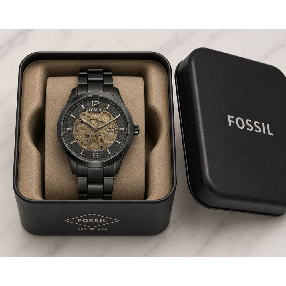 FOSSIIL SKELETON AUTOMATIC HEAVY QUALITY BLACK SILVER  783