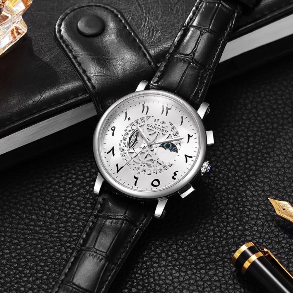 Cartiar Baloon Leather chronograph Black Silver White  Dial