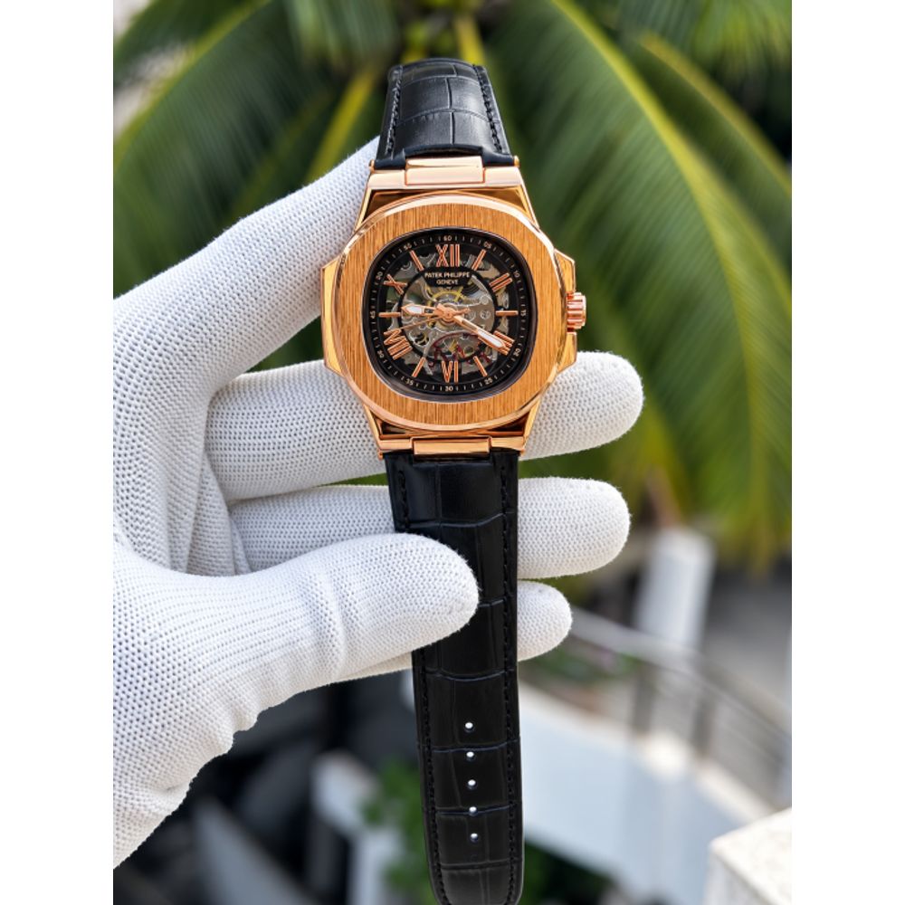 PATEK PHILIPE AUTOMATIC LEATHER BELT BLACK COPPER BLACK AT288