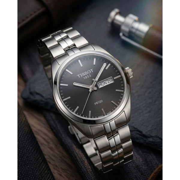Tisot 1853 PR-100 Silver Black  Dial