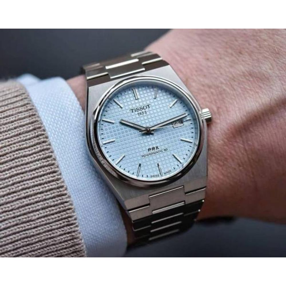 Tissoo_t 1853 Prx Powermatic Quartz silver Sky blue checks
