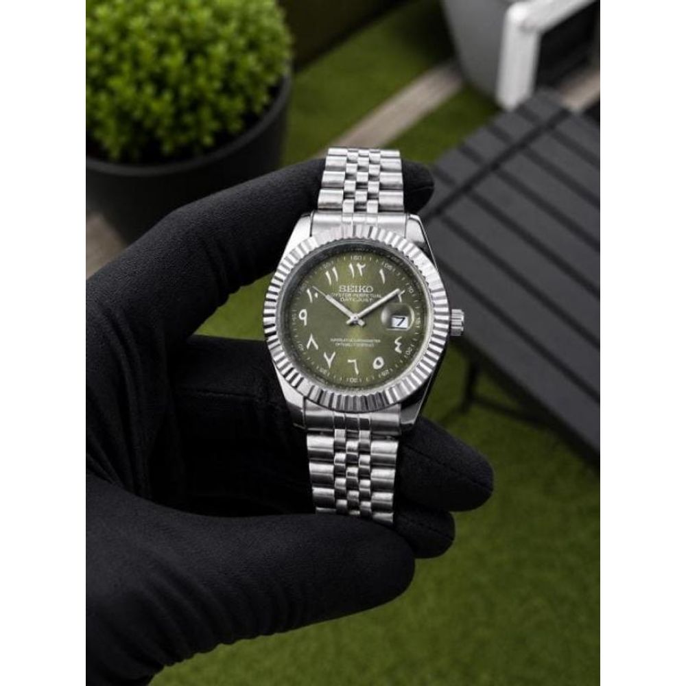SEIK O MOD DATE JUST OLIVE GREEN ARABIC DIAL 672